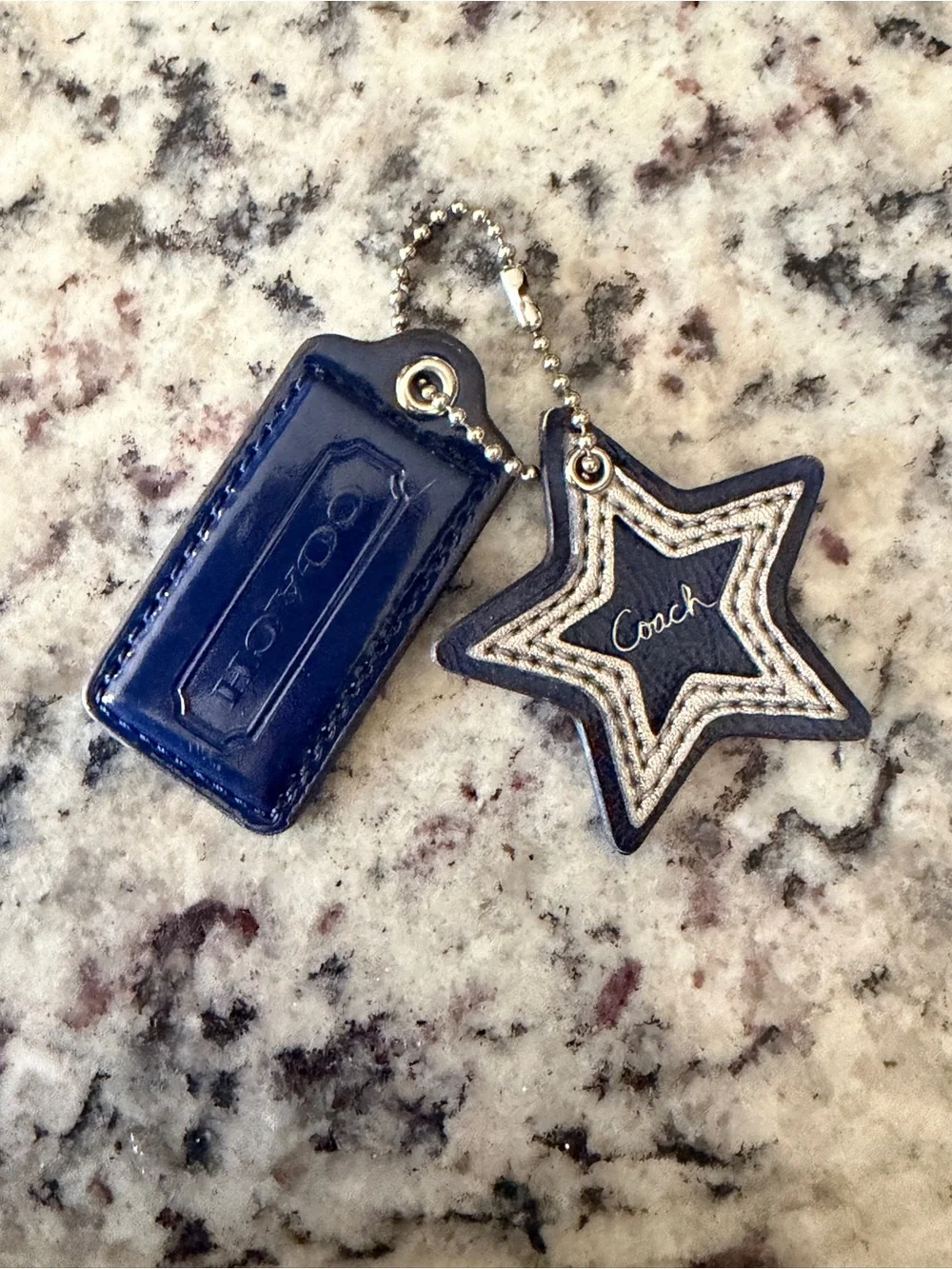 Vintage Coach Navy Patent Leather Hangtag Silver Stitched Star Charm Key fob